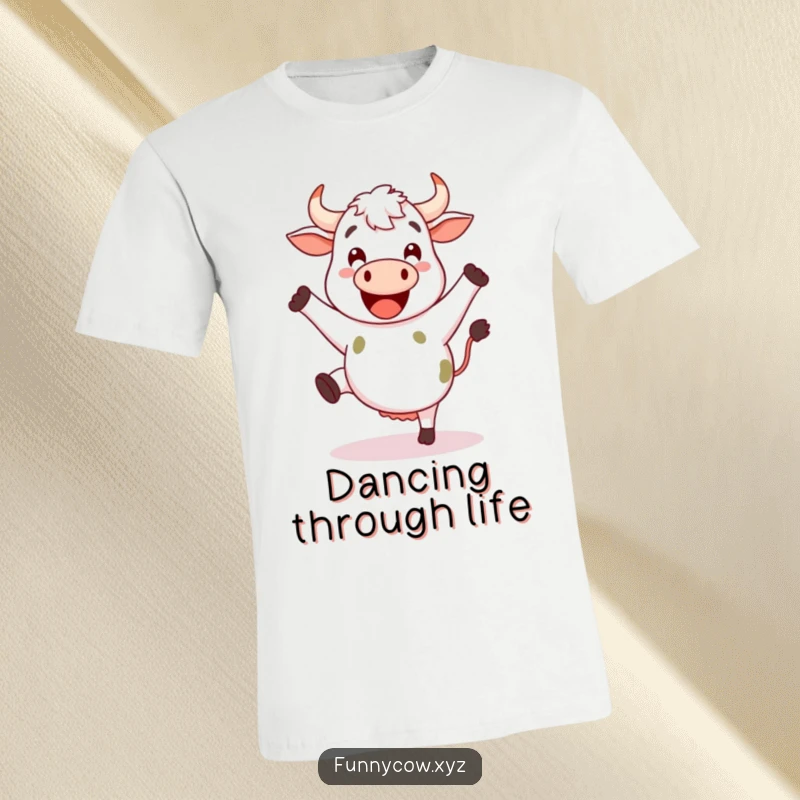 Funny happy cow t-shirt featuring a cow with legs kicking energetically, embodying a joyful dance.