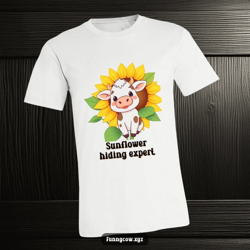 Funny t-shirt with a spotted cow curiously peeking from behind a colossal sunflower, a delightful scene of subtle humor and charm.