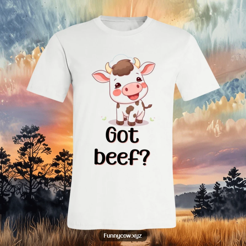 Funny t-shirt: A cow with a joyful, open-mouthed expression attempts to moo upwards towards a passing cloud.