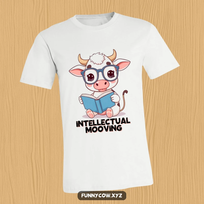 Funny cow t-shirt showing a cute cow with big glasses, attempting to read a book upside down.