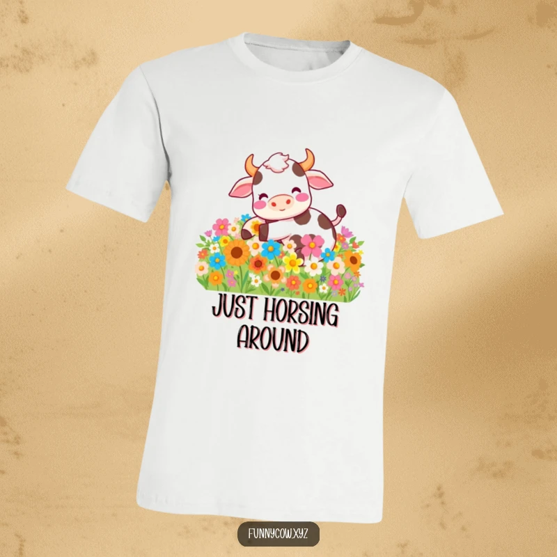 Funny t-shirt displaying a blissful cow joyfully rolling in a colorful meadow of blooming flowers, radiating happiness.