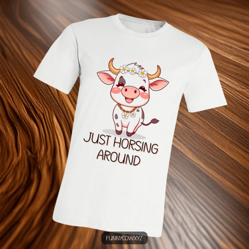 Funny t-shirt: A cheerful cow in mid-spin, adorned with a flower crown, radiates pure, unadulterated happiness.