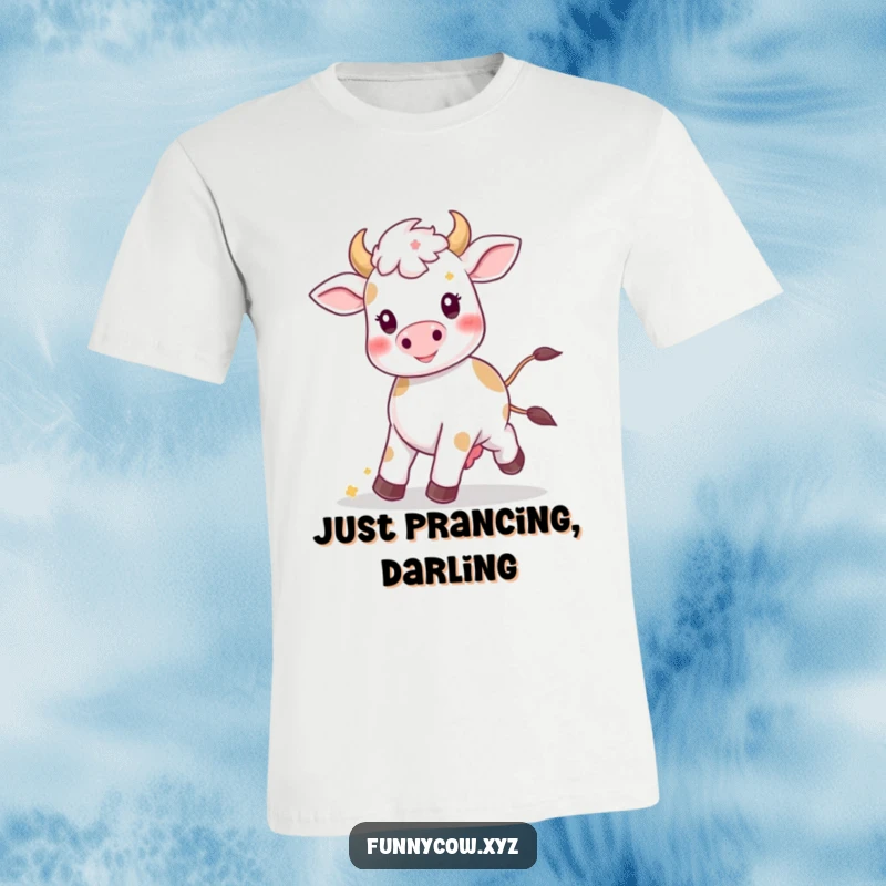 Funny Kawaii cow t-shirt featuring a cheerful cow prancing with flowers in its hair, perfect for spreading happiness.