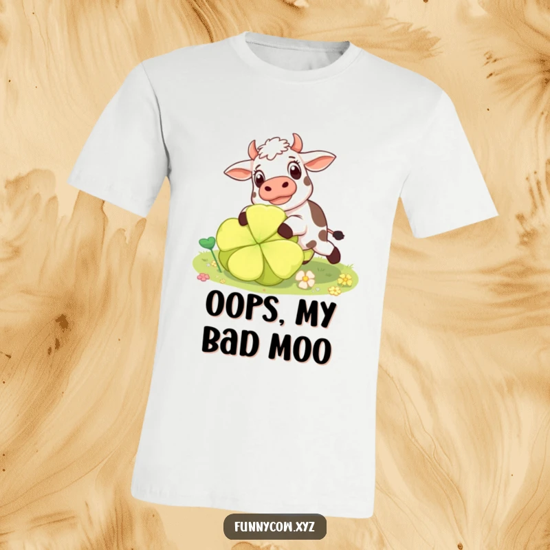 Funny surprised cow t-shirt depicting a cow comically tripping over a huge clover, capturing a moment of shock.