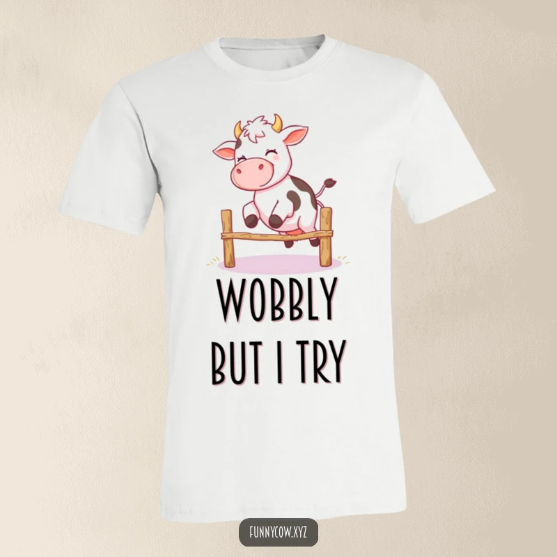 Funny t-shirt depicting a giggling cow with notoriously wobbly legs enthusiastically attempting to jump over a fence, a comical scene.