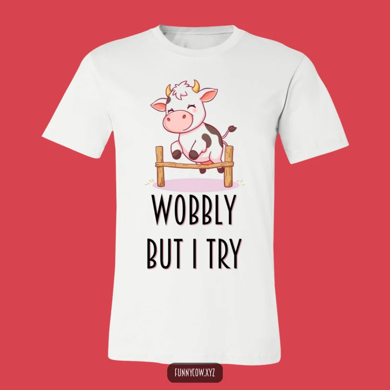 Funny Giggling Cow Fence Jump T-Shirt - Wobbly Legs Humor Tee