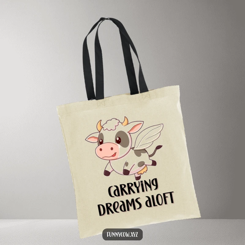 Funny tote bag with a cow comically attempting to fly using tiny, wobbly wings, a whimsical carry-all.