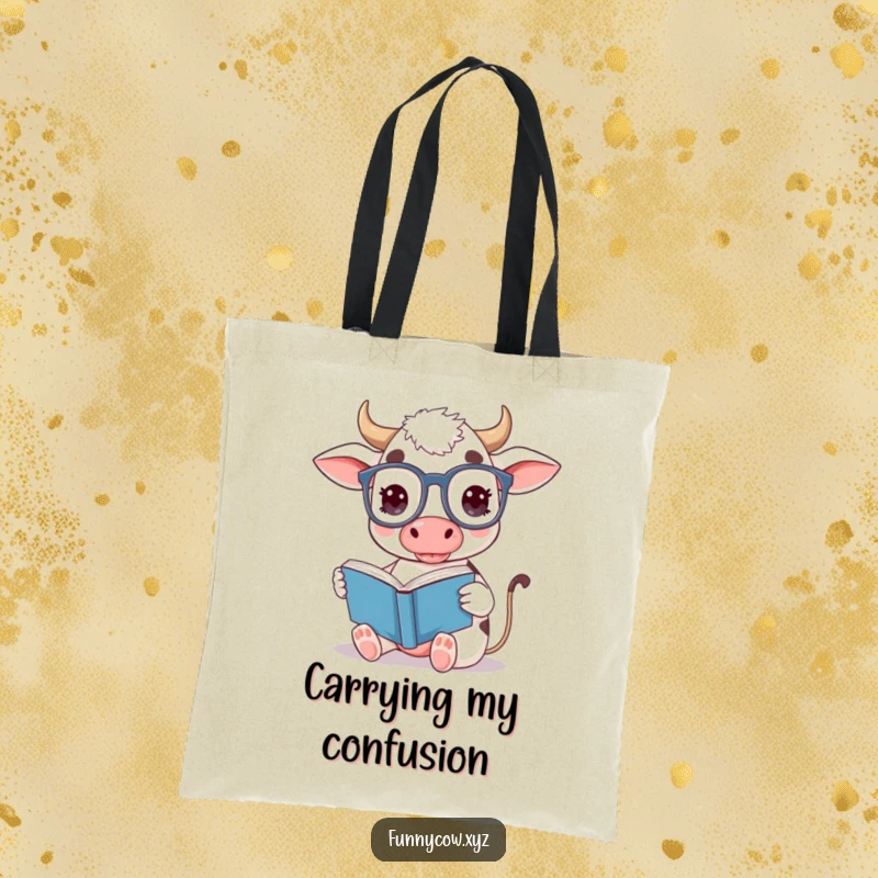 Funny cow tote bag featuring a cute cow with oversized glasses, reading a book upside down.