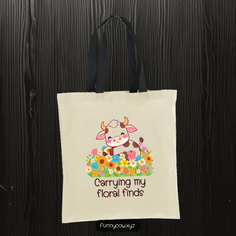 Funny tote bag showcasing a happy cow in a vibrant field of flowers, perfect for carrying groceries with floral fun.