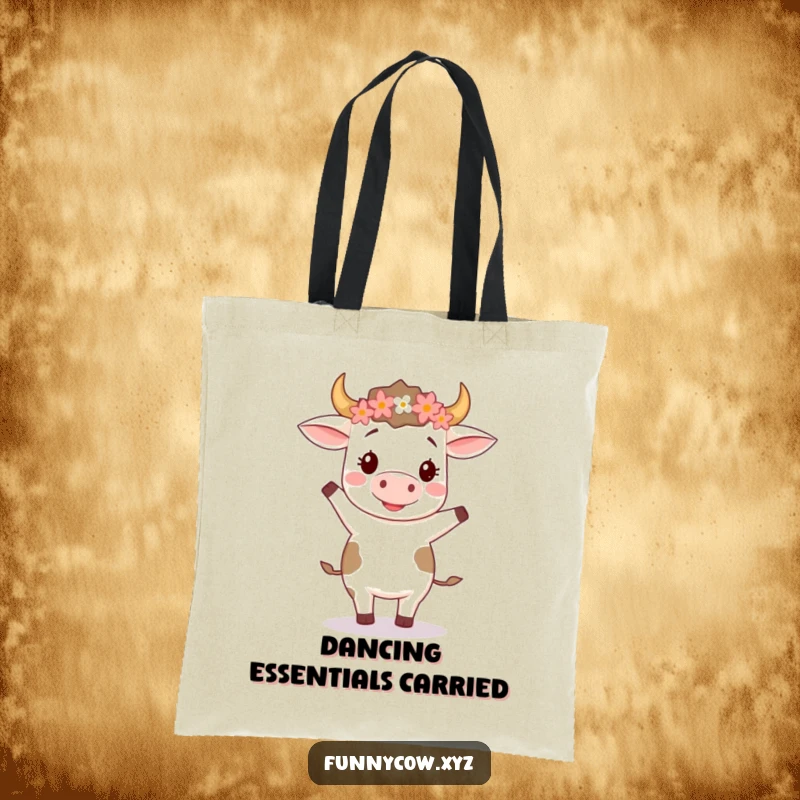 Funny tote bag with a happy cow wearing a flower crown, performing a silly two-step dance, a charming depiction of joy.