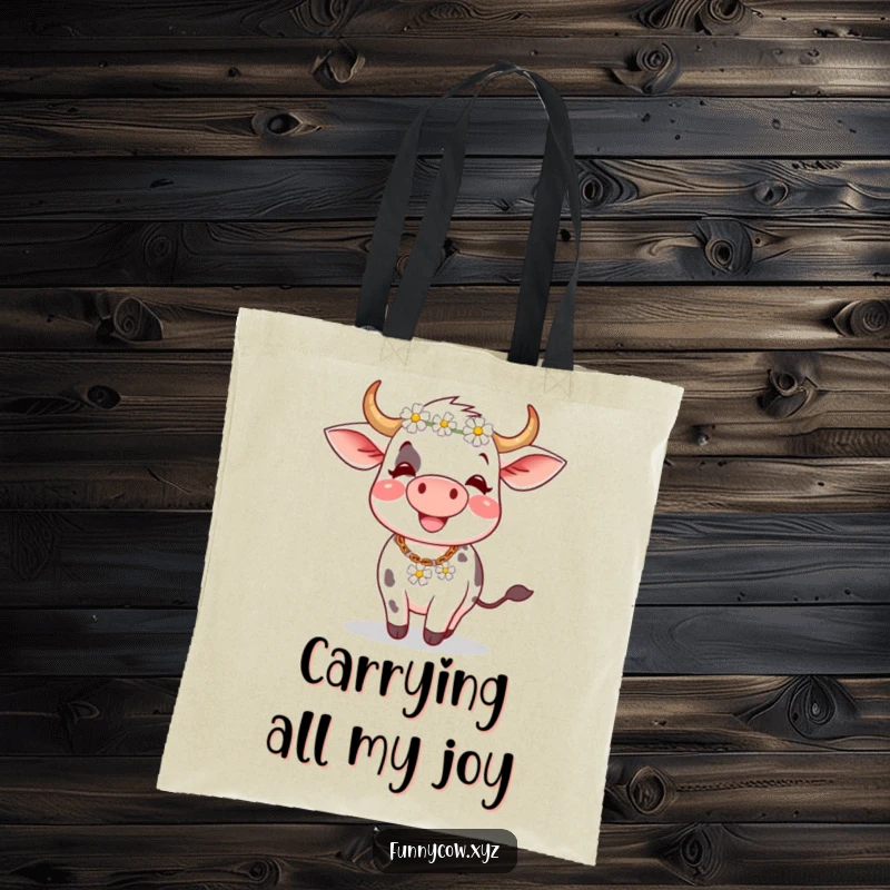 Funny tote bag: A happy cow wearing a flower chain spins energetically, ready to carry your essentials with a smile.