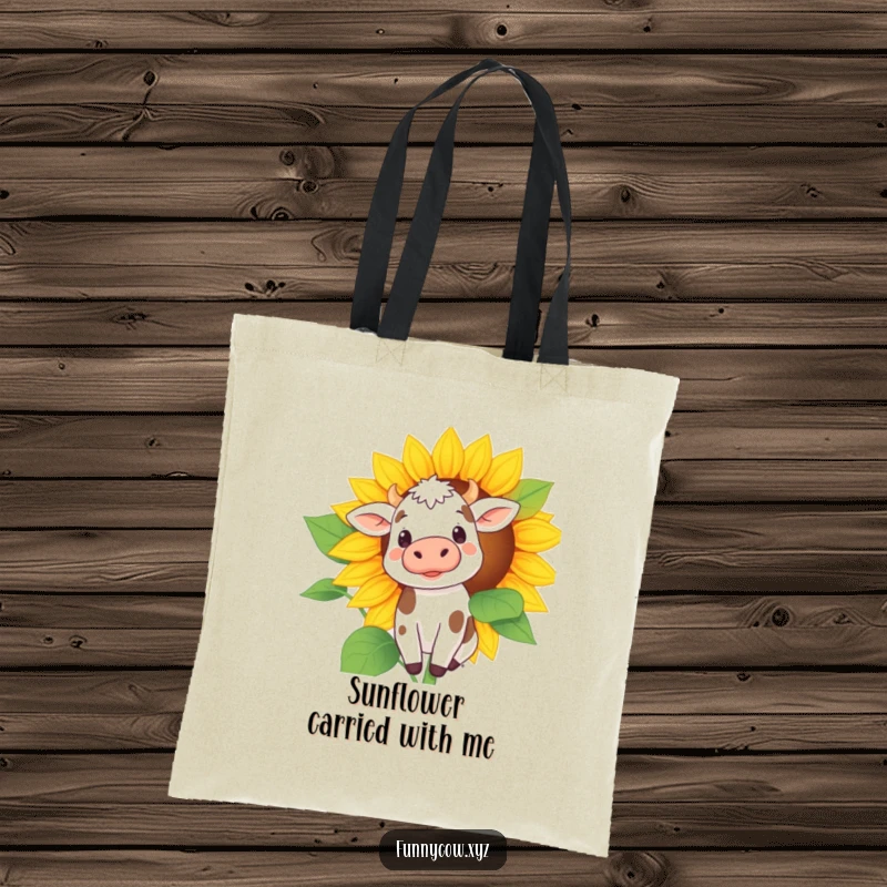 Funny tote bag with a spotted cow’s head peeking out from behind a giant sunflower, offering a glimpse of shy humor.