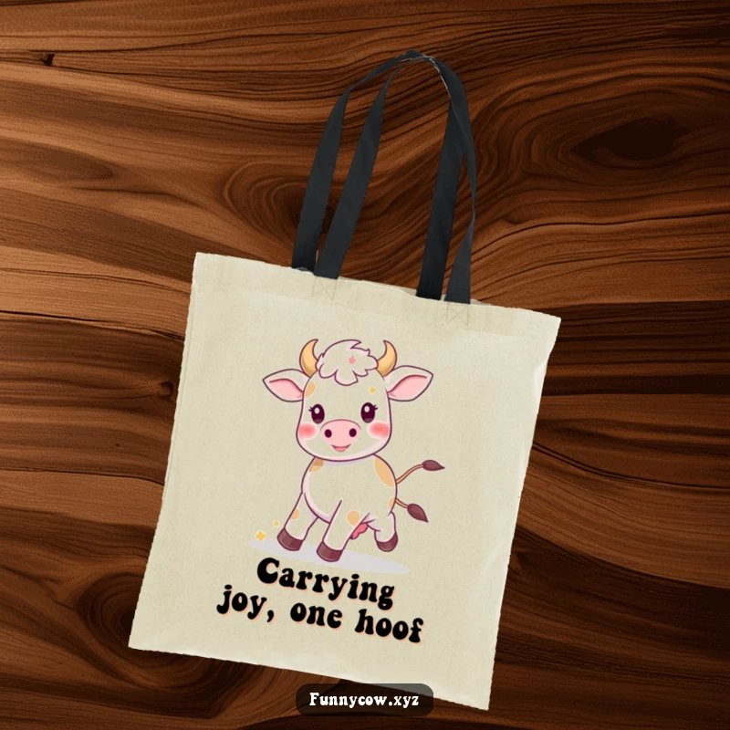 Funny Kawaii cow tote bag with a happy prancing cow and flowers, ideal for carrying joy and groceries.