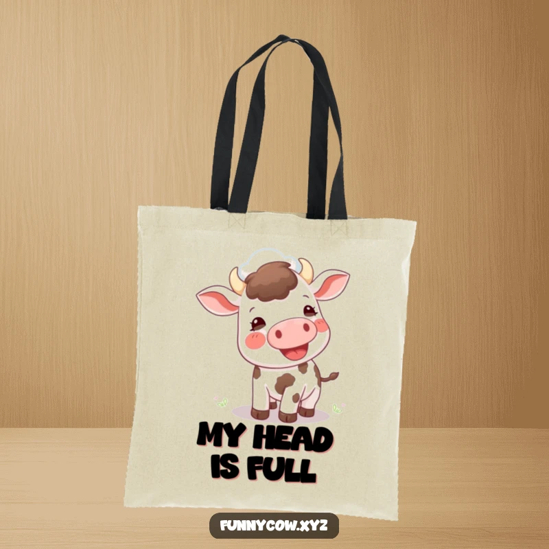 Funny tote bag: A smiling cow looks up, trying to moo at a fluffy cloud, bringing a fun vibe to your errands.