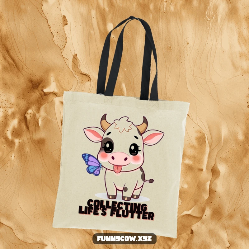Funny cow tote bag featuring a playful cow with its tongue out, chasing a butterfly.