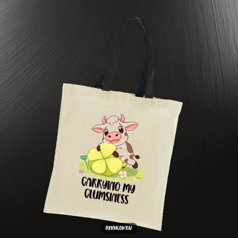 Funny surprised cow tote bag showing a cow comically tripping over a giant clover, perfect for carrying humor.