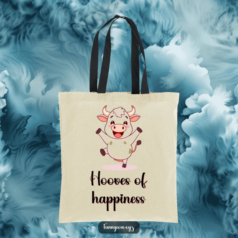 Funny happy cow tote bag with legs kicking joyfully as if dancing.