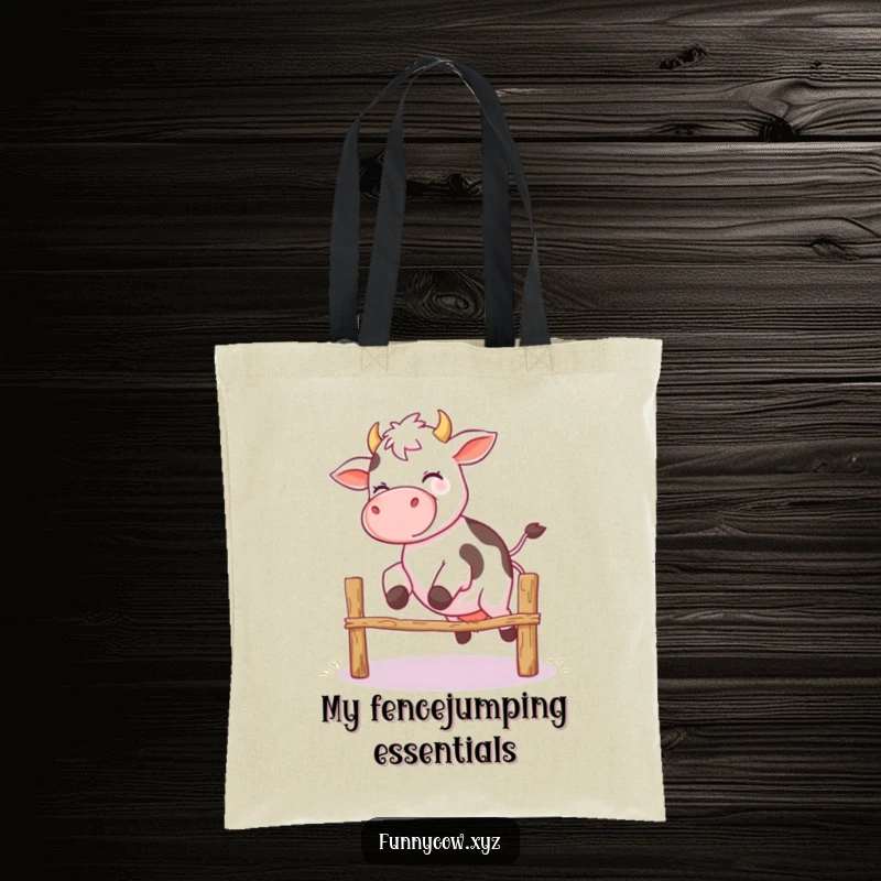 Funny tote bag featuring a giggling cow with wobbly legs mid-jump over a fence, a comical depiction of effort and humor.